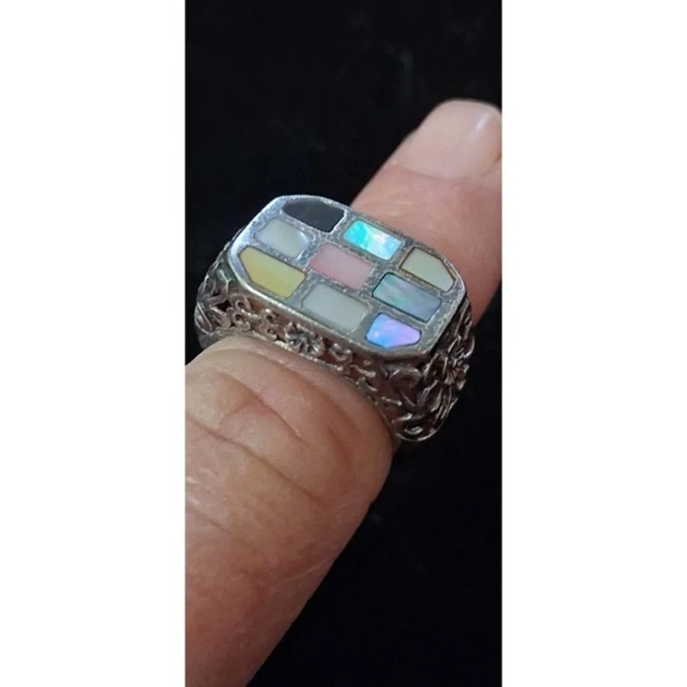 Sterling silver mosaic Abalone inlay Statement ring Size 7/ 1960s